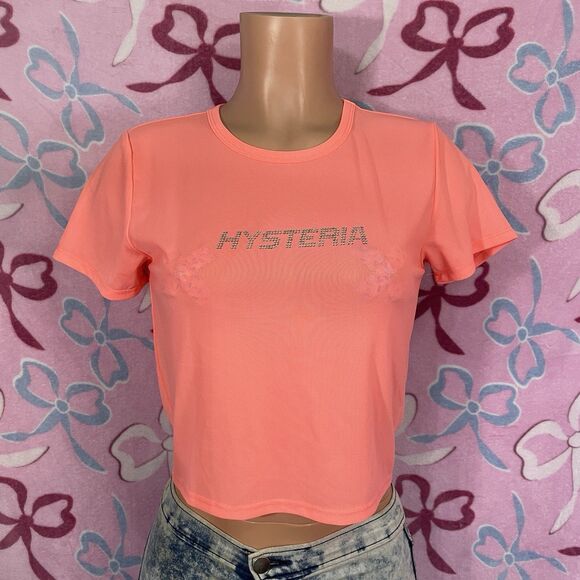 Forever 21 Coral Mesh Crop Top says Hysteria in rhinestones Juniors Large - Picture 1 of 6
